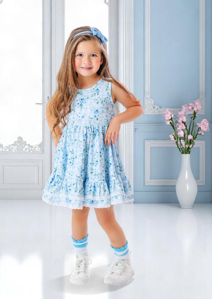 Toddler Girl Field of Roses Blue Twirl Dress