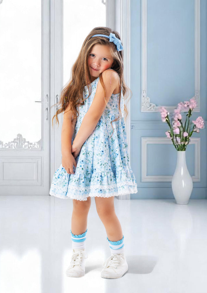 Toddler Girl Field of Roses Blue Twirl Dress
