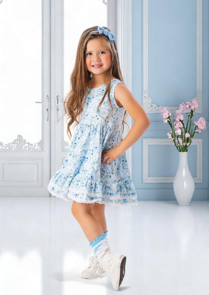 Toddler Girl Field of Roses Blue Twirl Dress