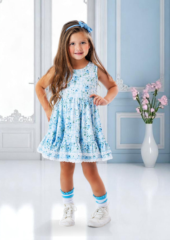 Toddler Girl Field of Roses Blue Twirl Dress