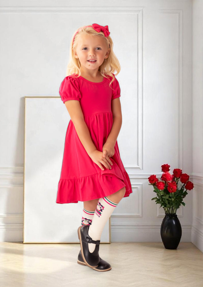 Puff Sleeve Toddler Girl Twirl Dress in Fuchsia