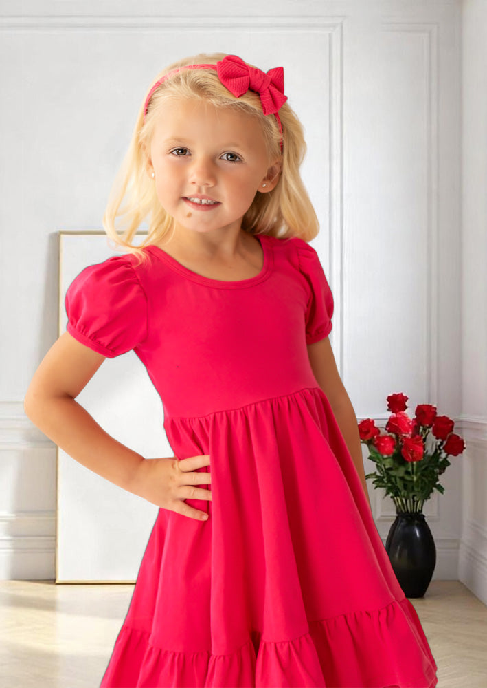 Puff Sleeve Toddler Girl Twirl Dress in Fuchsia