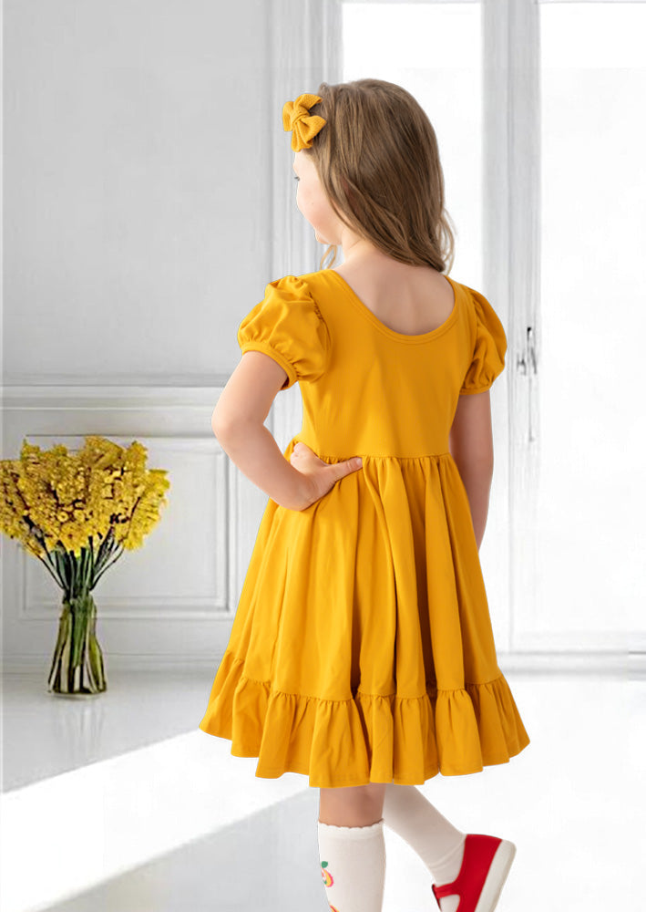Puff Sleeve Toddler Girl Twirl Dress in Gold