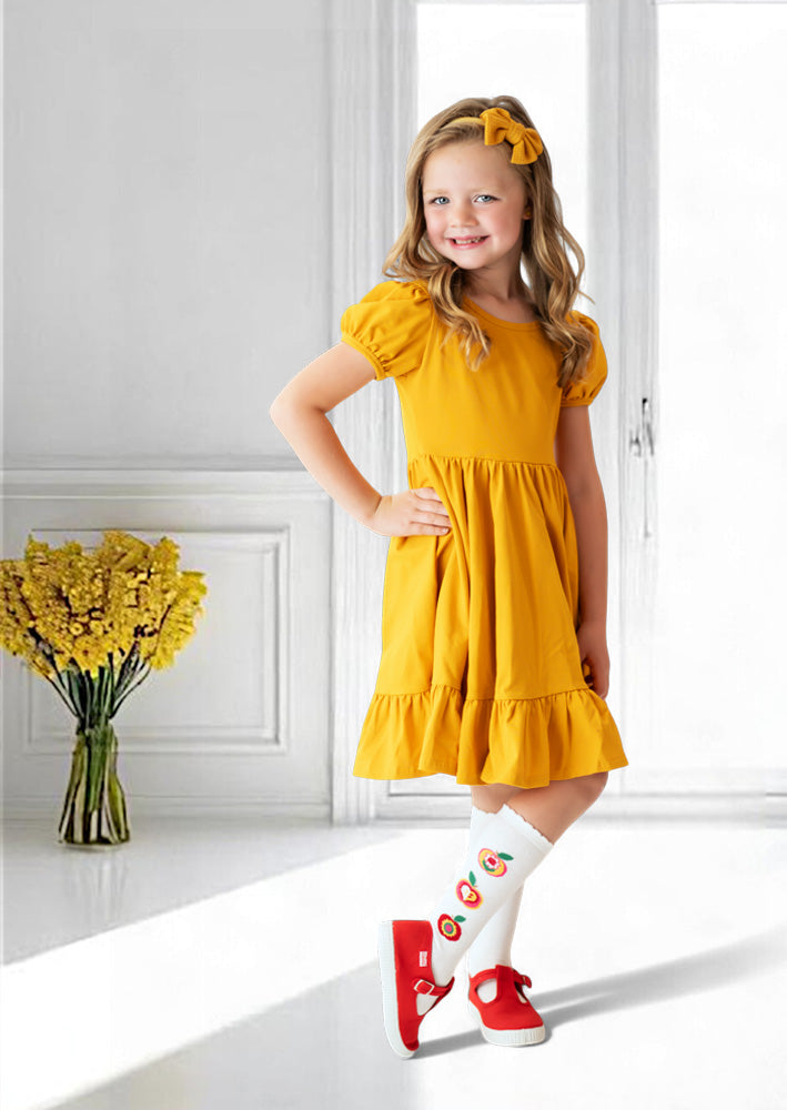 Puff Sleeve Toddler Girl Twirl Dress in Gold