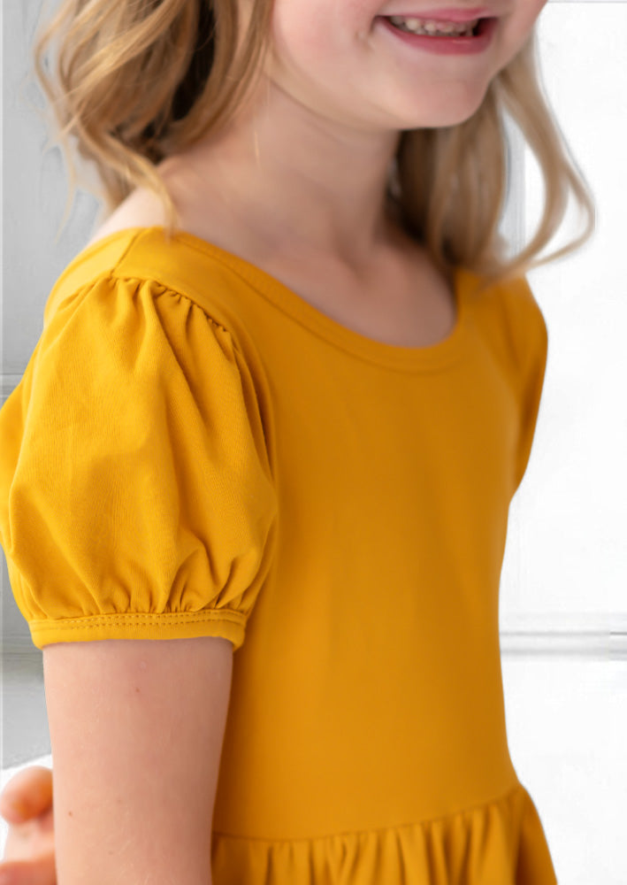 Puff Sleeve Toddler Girl Twirl Dress in Gold