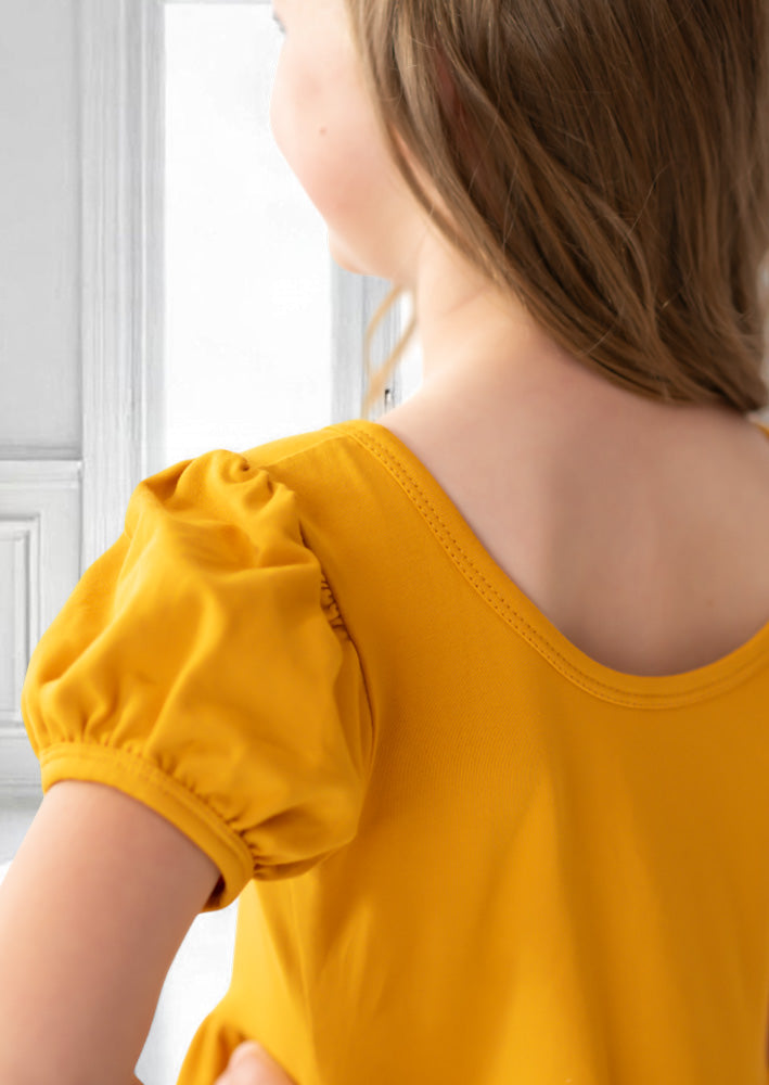 Puff Sleeve Toddler Girl Twirl Dress in Gold