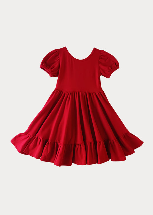 Puff Sleeve Twirl Dress in Red